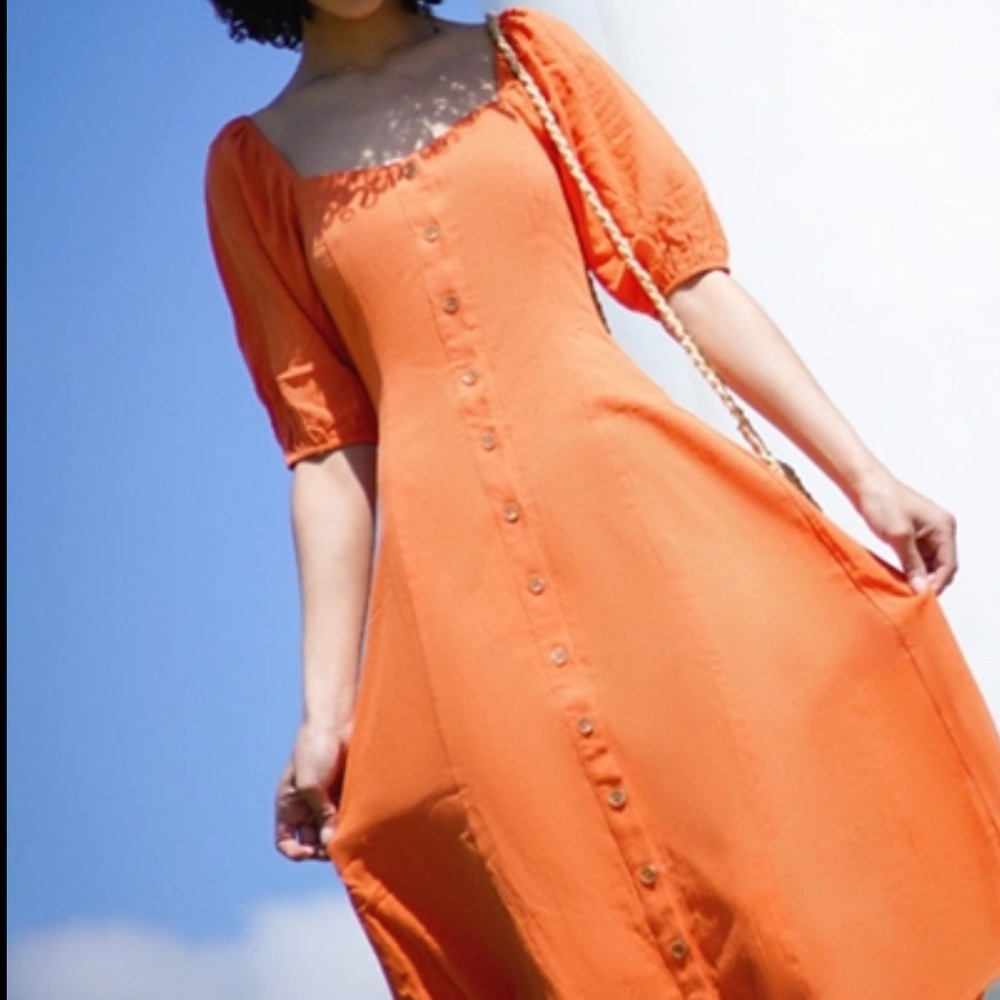 Urban Outfitters Vibrant Orange Maria Puff Sleeve Button-front Midi Dress